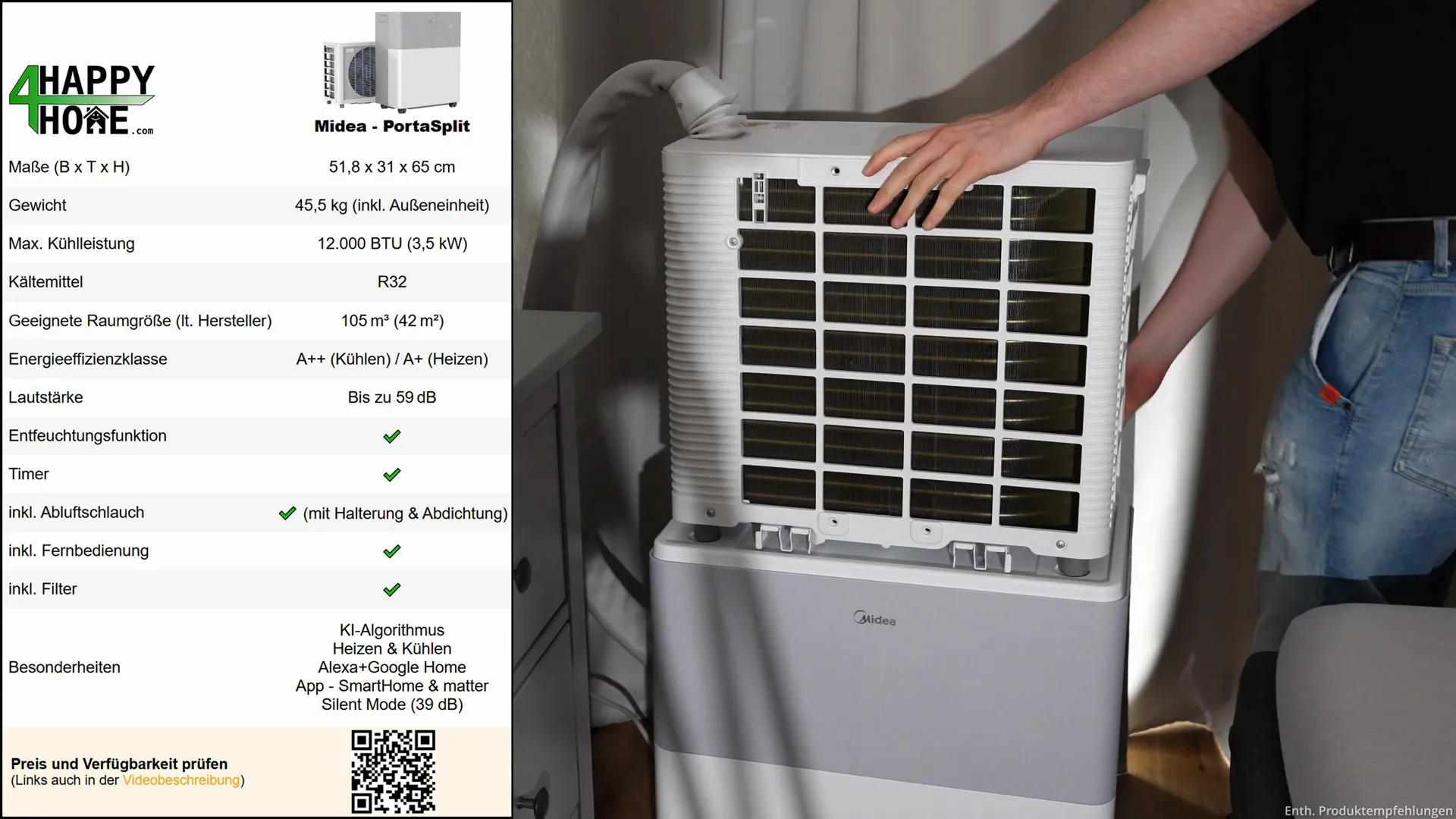 Produktspezifikationen der Midea PortaSplit mit QR-Code