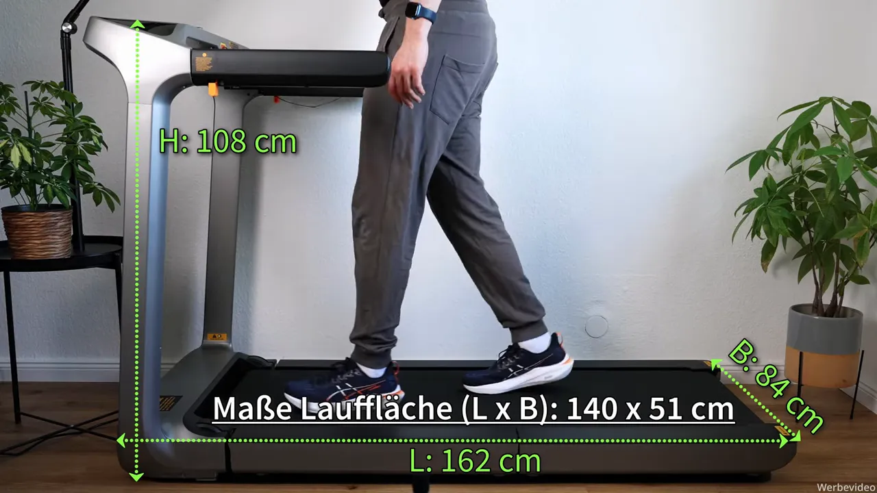 WalkingPad X218 seitliche Ansicht mit Markierungen L:162 cm und B:84 cm