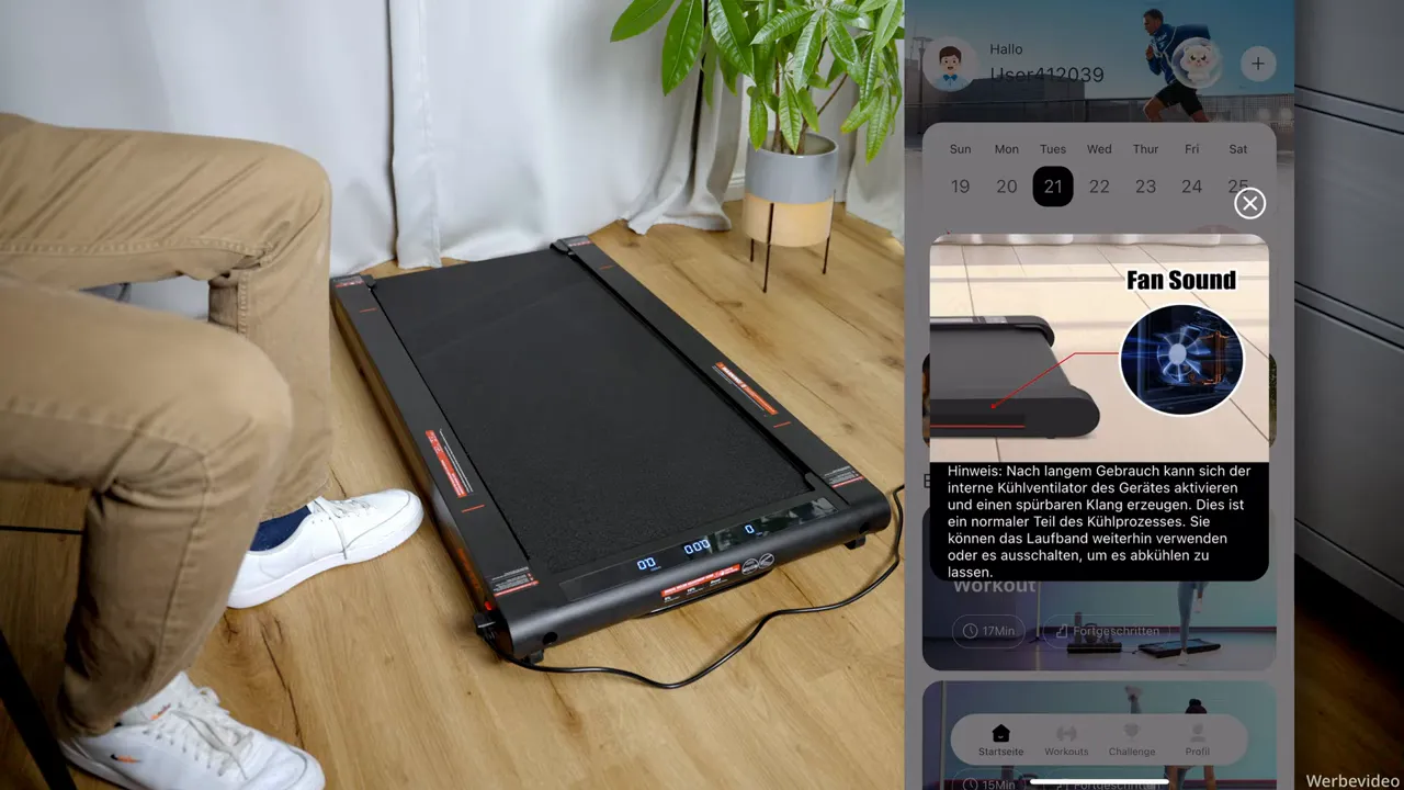 Sperax P2 Pro auf dem Boden, rechts App‑Popup mit Text und Titel ‚Fan Sound‘ erklärt Lüftergeräusch