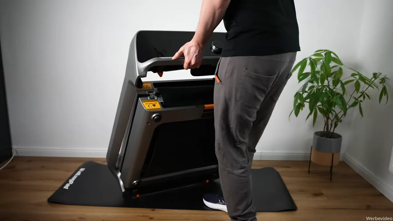 WalkingPad X218 komplett eingeklappt auf einer Schutzmatte, Person hält den Griff beim Verstauen
