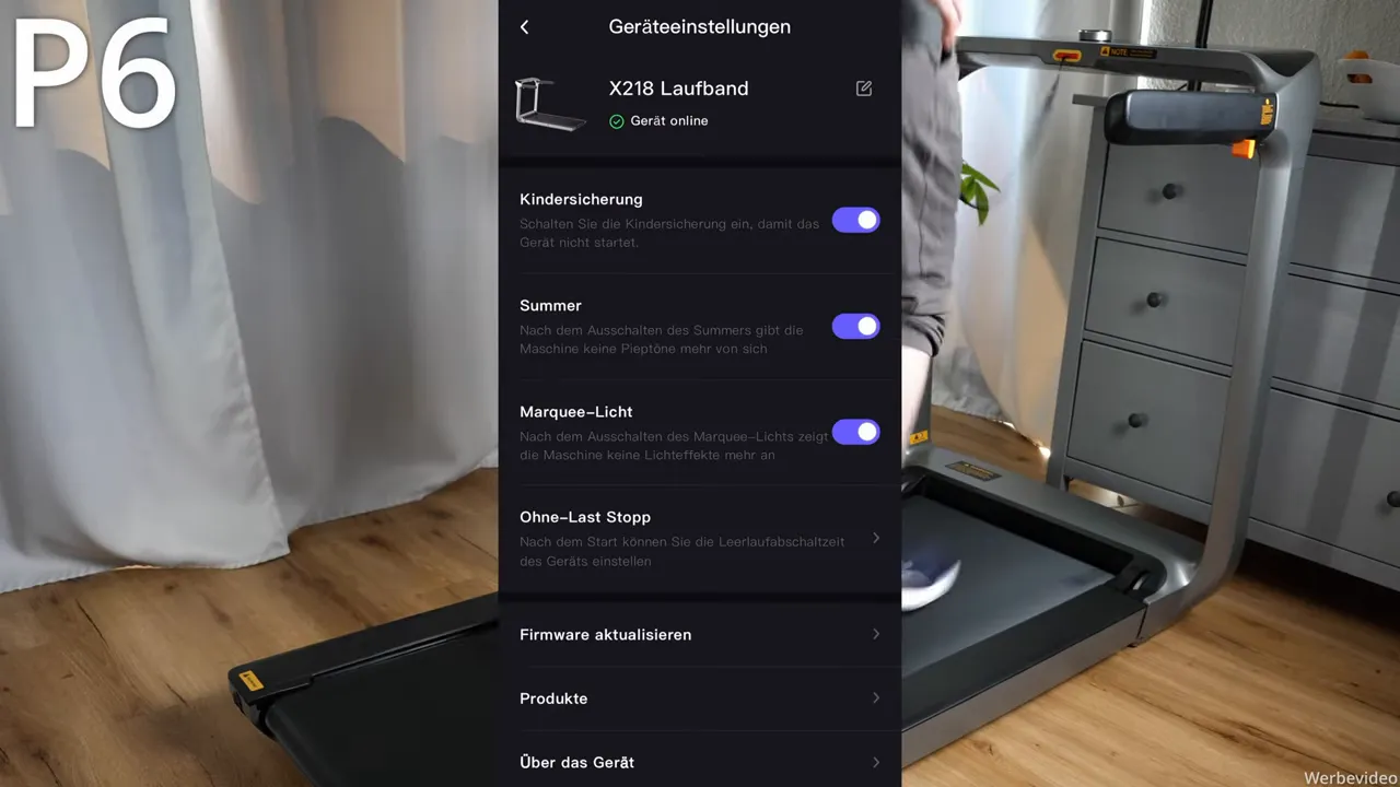 Geräteeinstellungen der KS‑Fit App überlagern das WalkingPad X218; Kindersicherung und Lichteffekte einstellbar