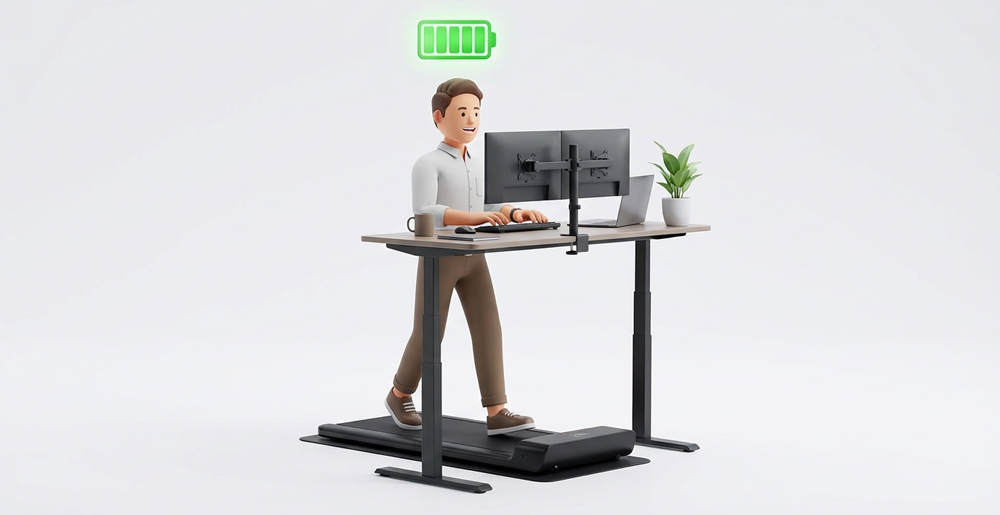 3D-Illustration-eines-produktiven-Büroangestellten-an-einem-Stehpult,-über-dessen-Kopf-ein-grünes-Batteriesymbol-schwebt,-das-volle-Energie-anzeigt,-heller-weißer-Hintergrund.