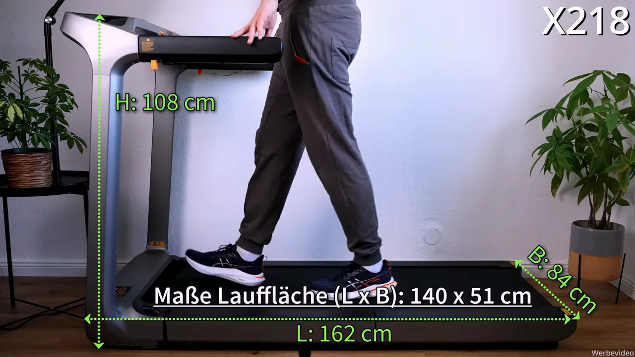 WalkingPad X218 Seitenansicht mit hervorgehobenen Maßen 140 x 51 cm und Pfeilen