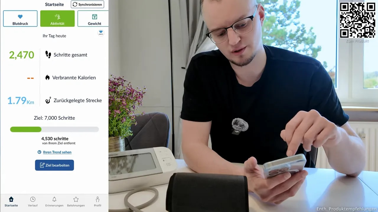 Omron Connect App Startseite mit Schritten, Distanz und Aktivitätsübersicht