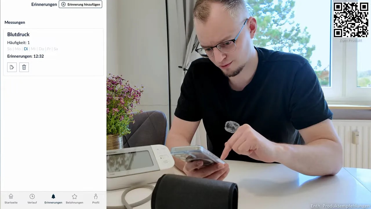 Omron-Connect App Bereich „Erinnerungen“ mit eingestellter Messzeit für den Blutdruck