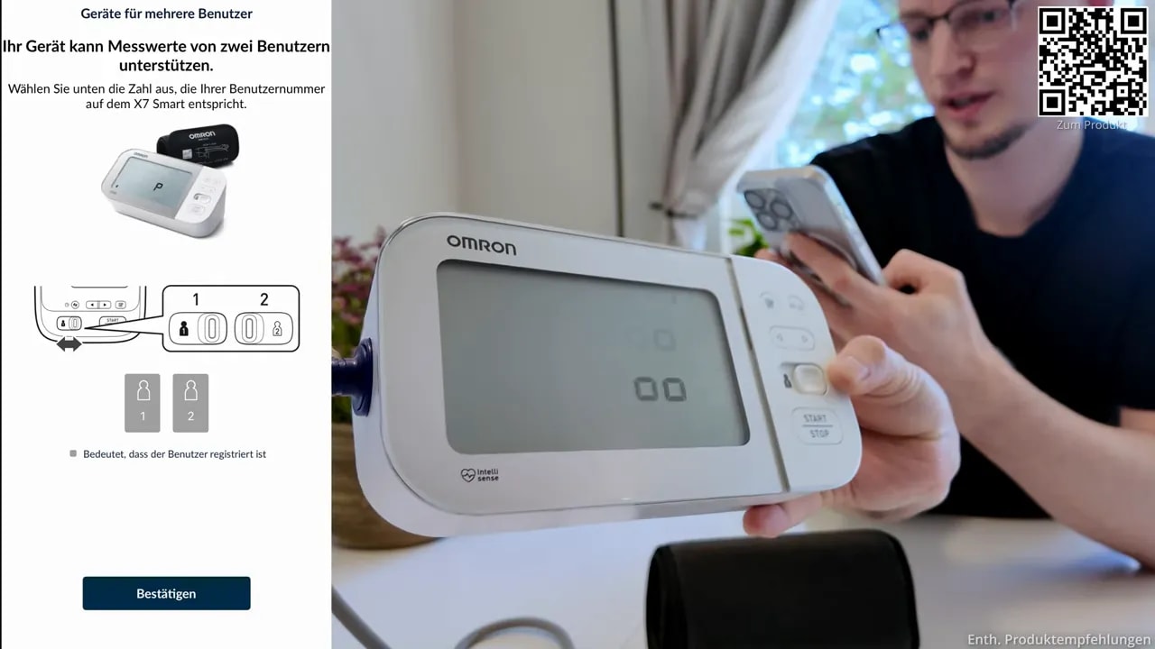 OMRON X7 Smart Gerät bei der Auswahl der Benutzerprofile (zwei Benutzer) in der Omron Connect App