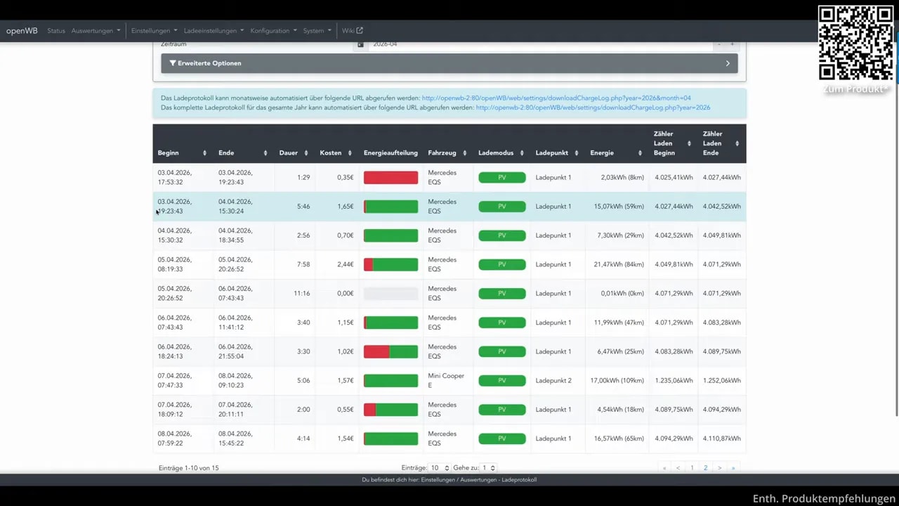 OpenWB Ladeprotokoll mit Liste der Ladevorgänge, Kosten, Modus und Energieauswertung