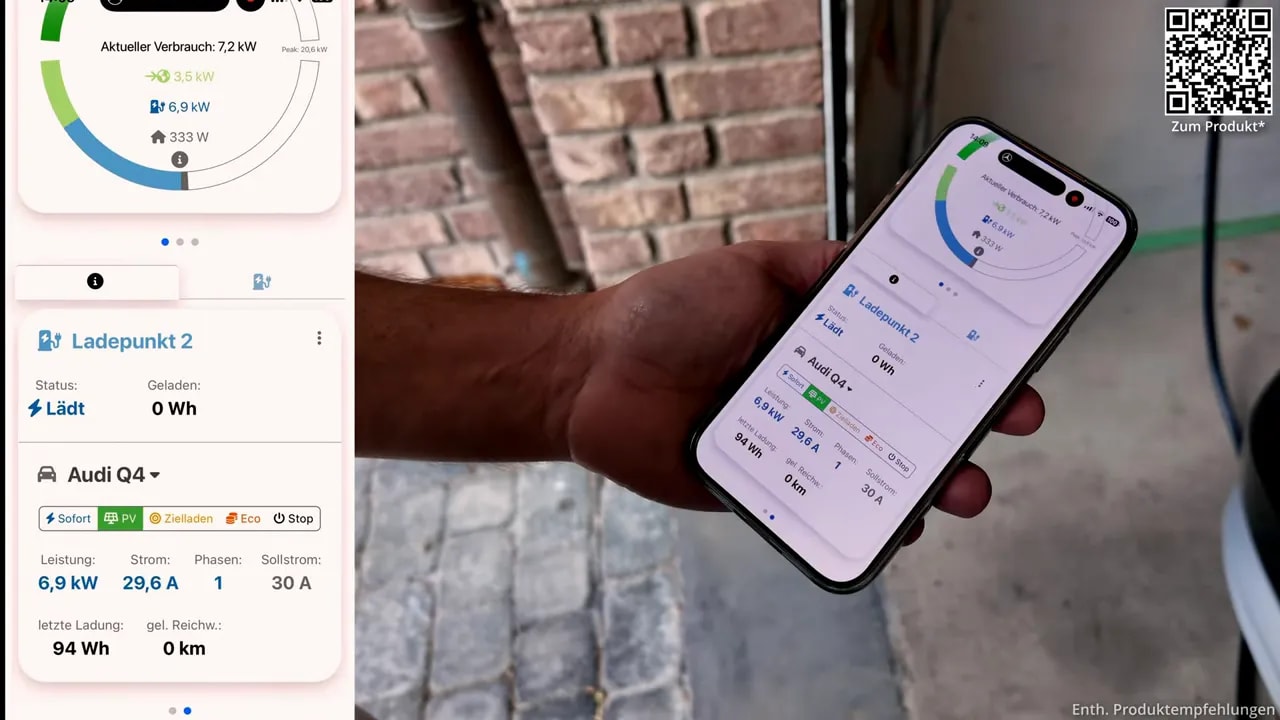 Smartphone mit OpenWB-Ansicht: Ladepunkt 2 lädt im PV-Modus mit 6,9 kW