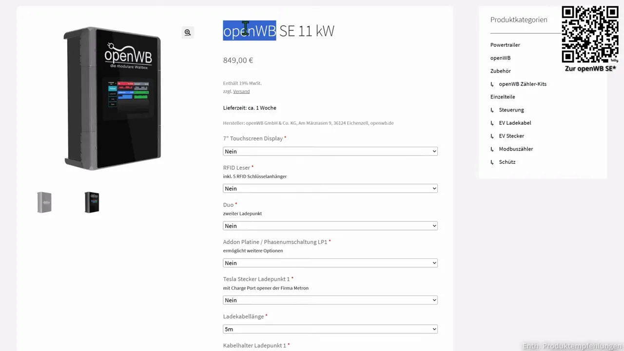 Produktseite OpenWB SE 11 kW im Konfigurator mit auswählbaren Optionen