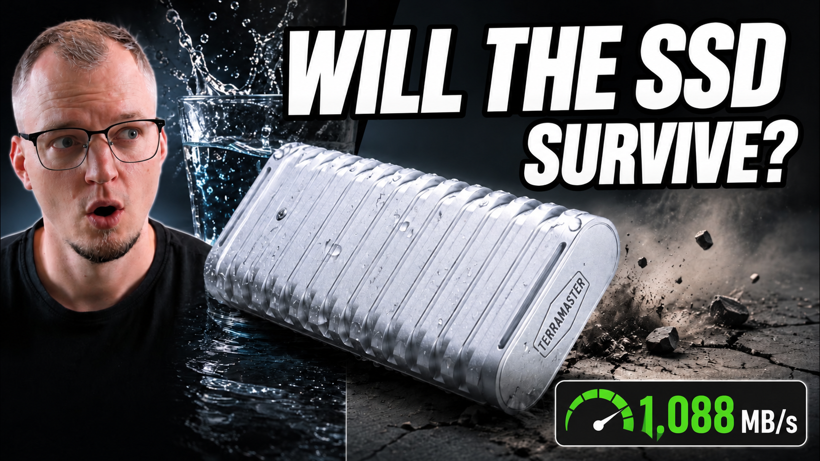 TerraMaster D1 SSD enclosure in splashing water, headline "Will the SSD survive?" and 1,088 MB/s