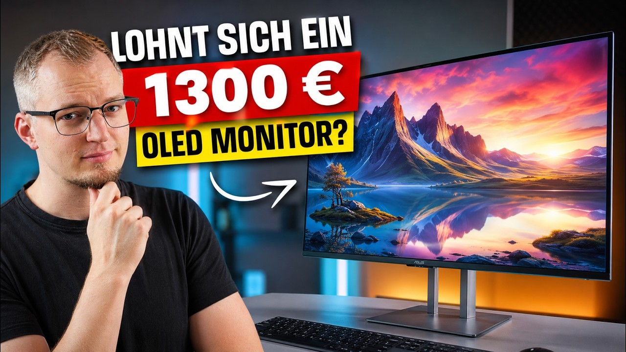 ASUS ProArt PA32UCDM 32-Zoll-QD-OLED-Monitor im Test: Timo Kirschhausen neben dem Monitor, Thumbnail zum Testvideo