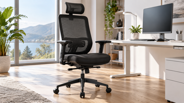 Bürostuhl für große Menschen: Worauf es ankommt und welche Stühle in meinen Tests passen 11 KI-generiertes Symbolbild: schwarzer ergonomischer Bürostuhl mit hoher Mesh-Rückenlehne und Kopfstütze vor einem Schreibtisch mit Monitor