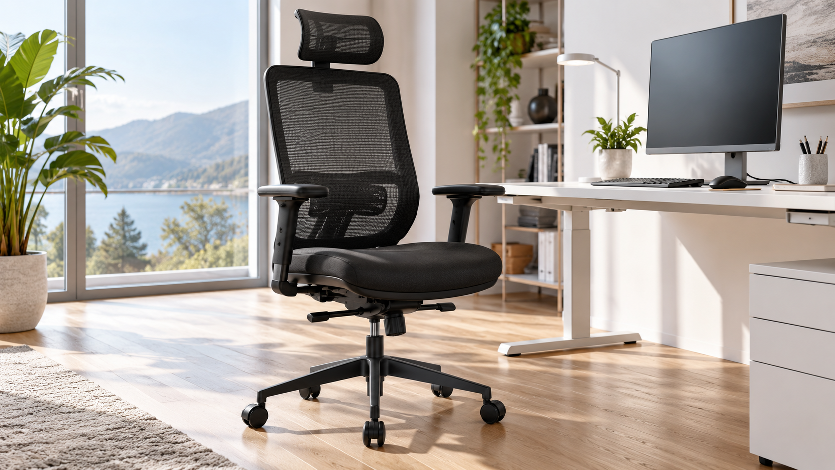 KI-generiertes Symbolbild: schwarzer ergonomischer Bürostuhl mit hoher Mesh-Rückenlehne und Kopfstütze vor einem Schreibtisch mit Monitor