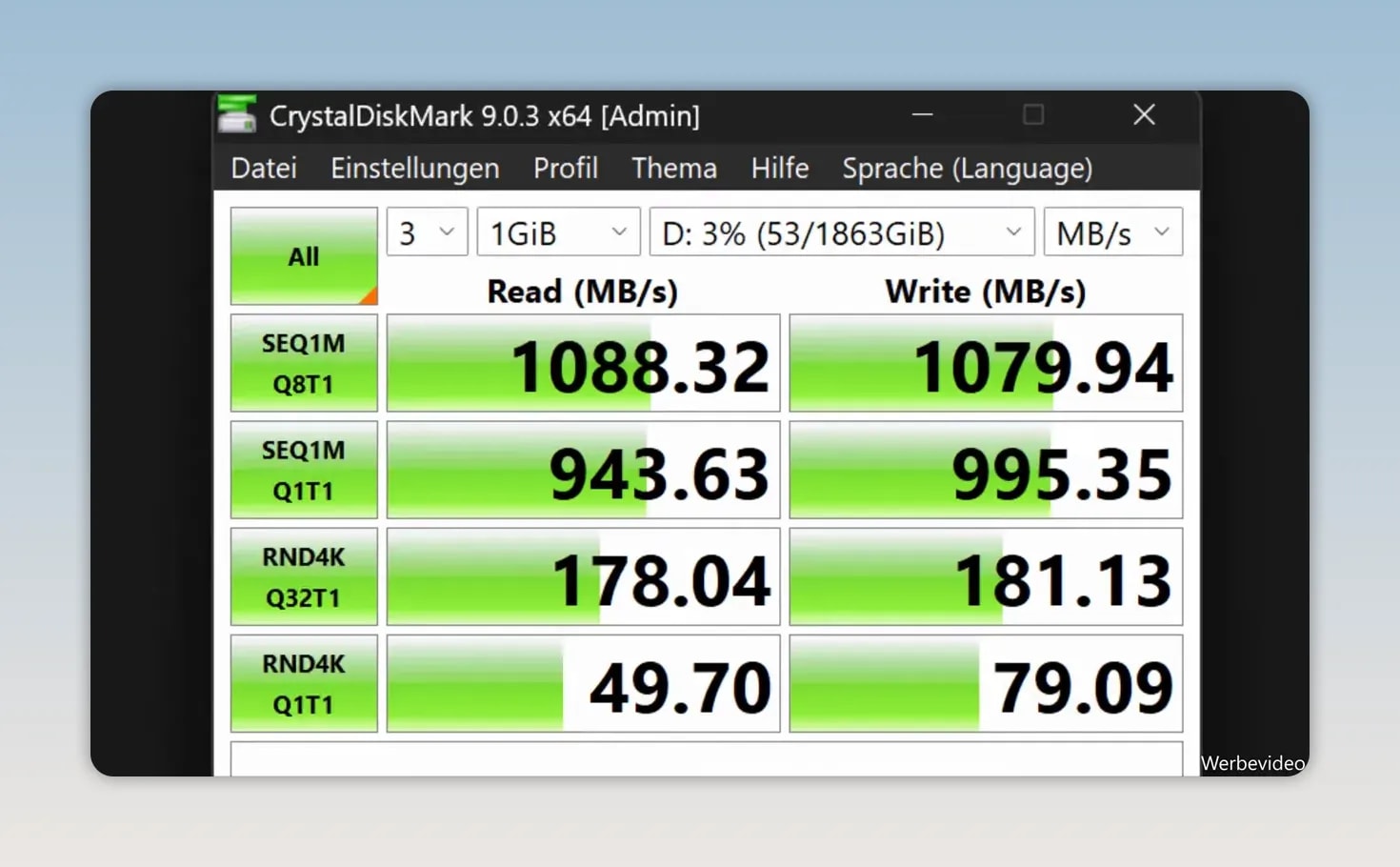 CrystalDiskMark-Ergebnis mit 1088,32 MB pro Sekunde Lesen und 1079,94 MB pro Sekunde Schreiben
