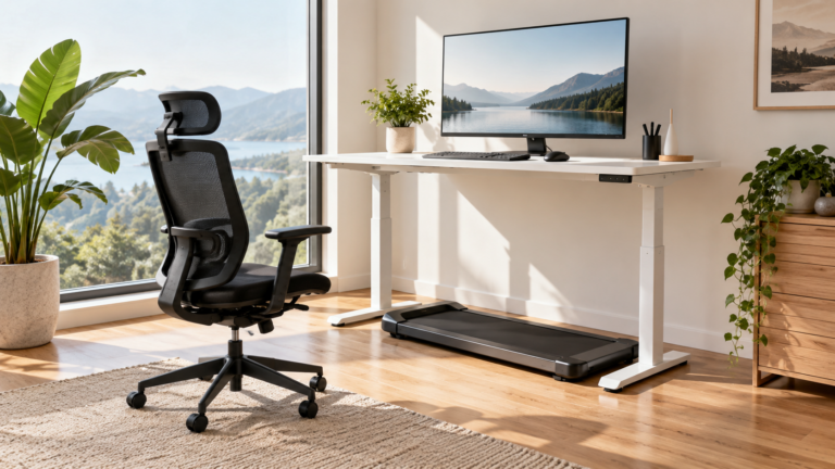 KI-generiertes Symbolbild: höhenverstellbarer Schreibtisch auf Stehhöhe, ergonomischer Bürostuhl, Monitor und Walking Pad in einem hellen Raum