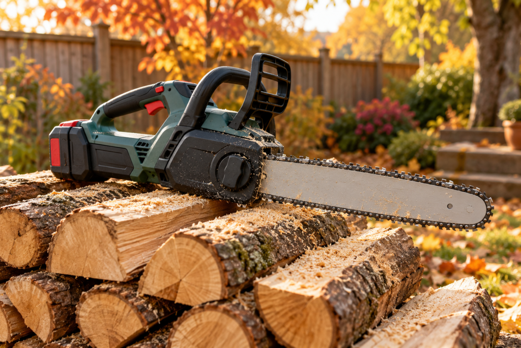 Akku-Kettensäge auf einem Stapel Brennholz im Garten (KI-generiertes Symbolbild)
