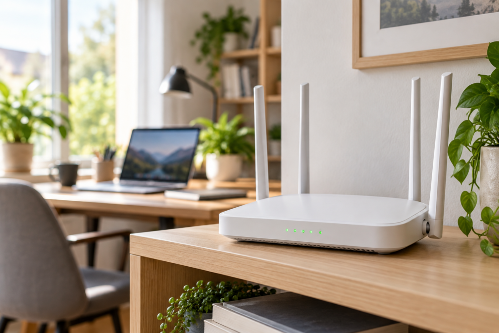 WLAN-Router auf einem Regal im Homeoffice (KI-generiertes Symbolbild)