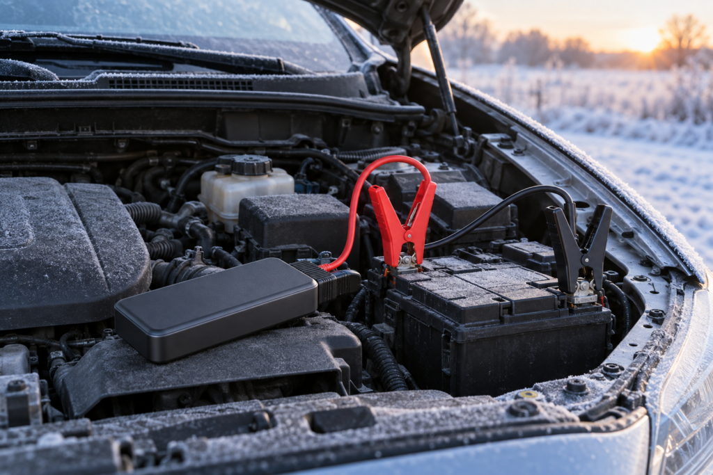 Starthilfegerät mit Polklemmen an einer Autobatterie (KI-generiertes Symbolbild)