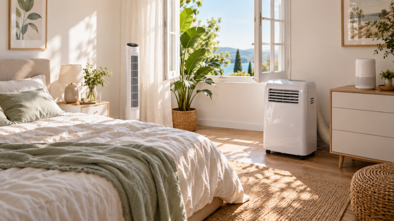 Ventilator, mobile Klimaanlage oder Luftreiniger: Was bei Hitze in der Wohnung wirklich hilft 10 KI-generiertes Symbolbild: Turmventilator, mobile Klimaanlage und Luftreiniger in einem hellen Schlafzimmer im Sommer