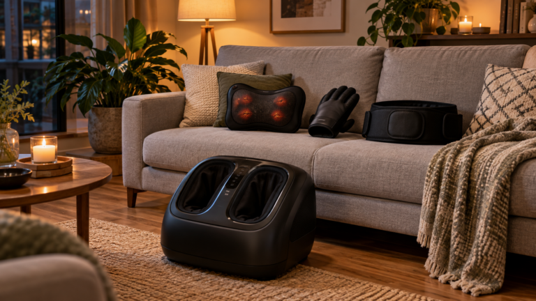 Massage Devices for Home Use: Which Device Helps with Which Complaint? Nine Devices from My Tests 7 KI-generiertes Symbolbild: Shiatsu-Massagekissen, Handmassagegerät, Wärmegürtel und Fußmassagegerät in einem Wohnzimmer am Abend
