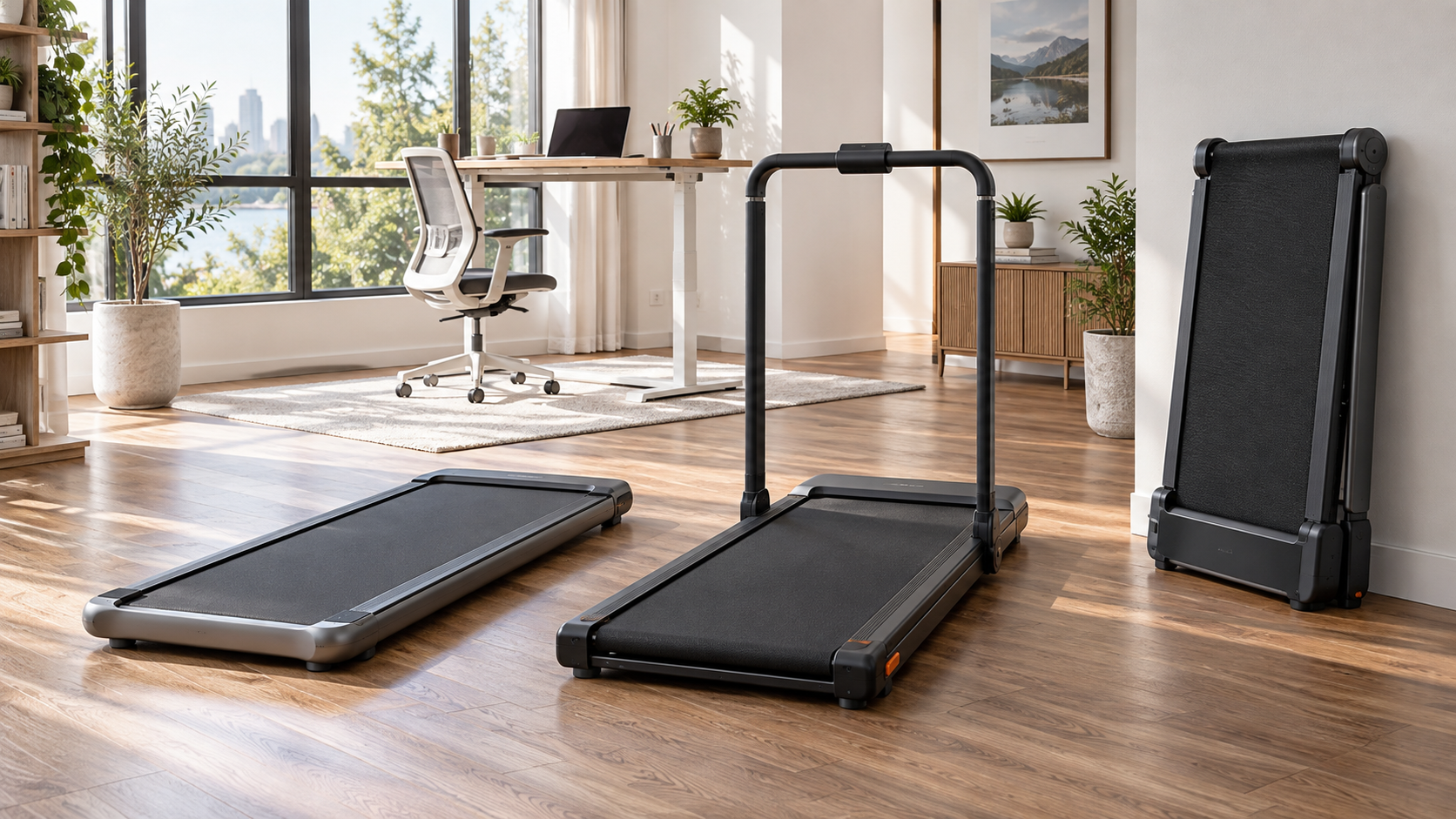 Die neuen WalkingPads 2025 und 2026 im Vergleich: Z3 Hybrid Plus, G1, MC21, X23, X218 und die IFA-Neuheiten 1 Drei klappbare Walkingpads in einem modernen Homeoffice (KI-generiertes Symbolbild)