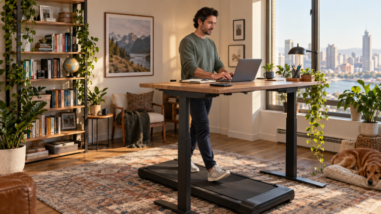 Sind Schreibtischlaufbänder ihr Geld wert? 8 Mann arbeitet im Homeoffice am Laptop und geht dabei auf einem Schreibtischlaufband (KI-generiertes Symbolbild)