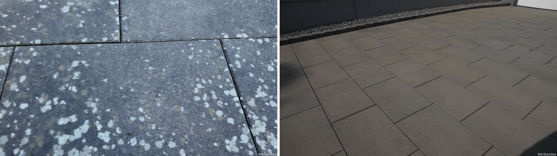 Professionelle Steinreinigung: Lohnt sich das? Meine Erfahrung 11 Steinreinigung vorher und nachher: Platten mit hellen Flecken und gereinigte Fläche
