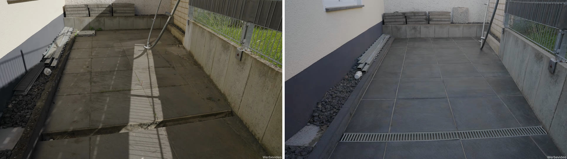 Professionelle Steinreinigung: Lohnt sich das? Meine Erfahrung 10 Steinreinigung vorher und nachher: Plattenweg mit Abflussrinne neben der Hauswand