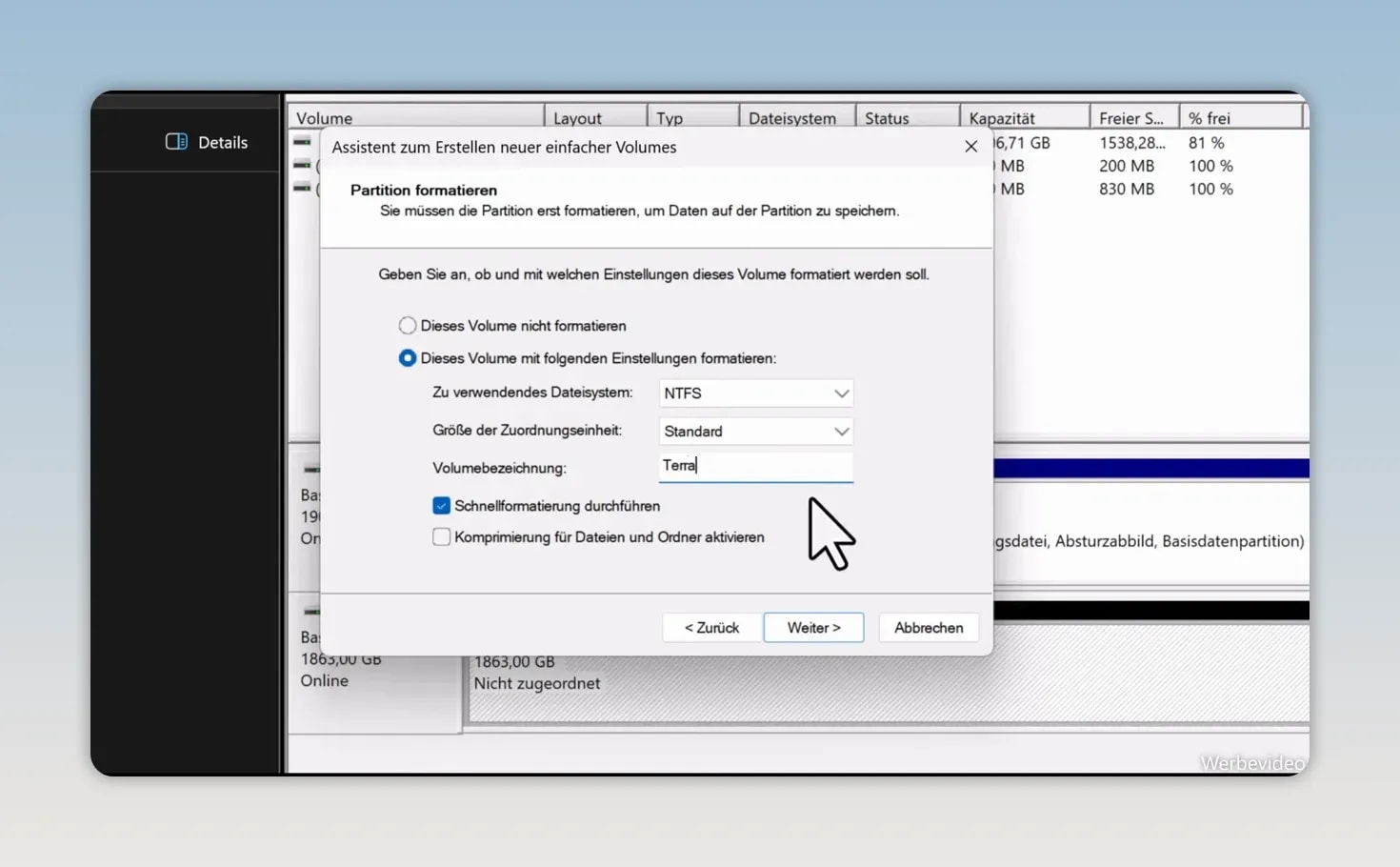 Windows-Assistent zur Formatierung eines neuen einfachen Volumes mit NTFS-Auswahl