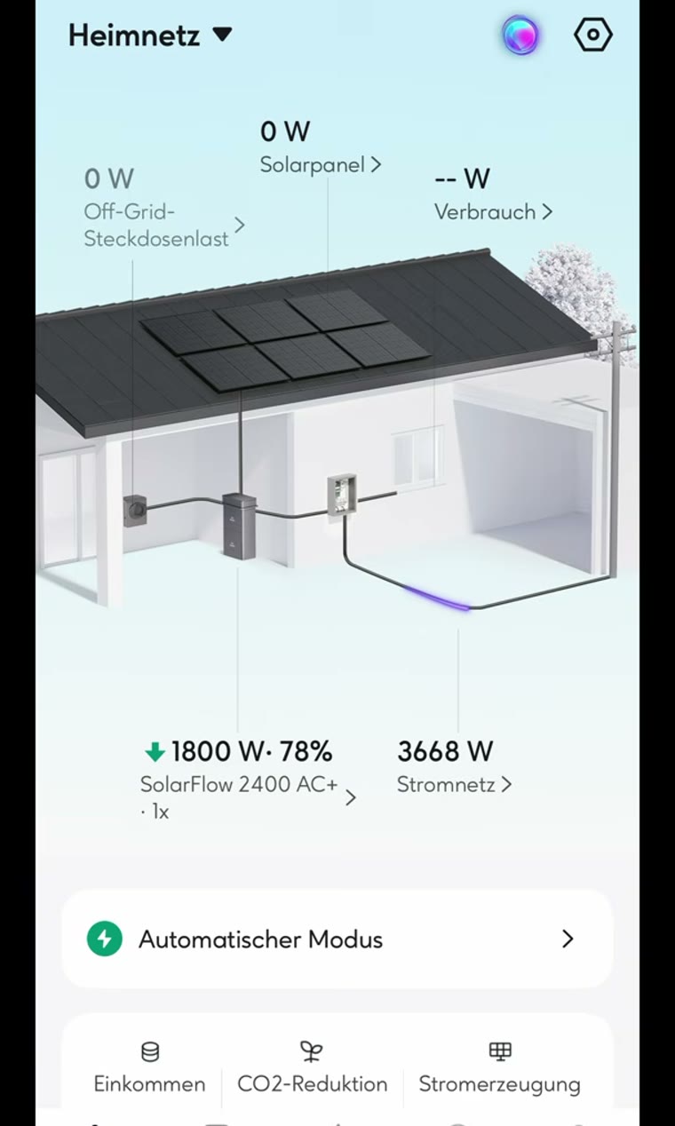 Zendure App mit Übersicht zu PV-Ertrag und Speicherstand