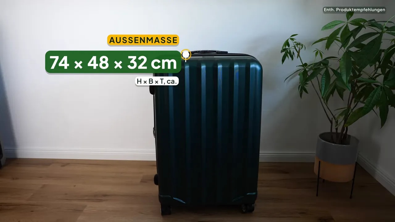 Dunkelgrüner BEIBYE Koffer mit eingeblendeten Außenmaßen von 74 × 48 × 32 cm