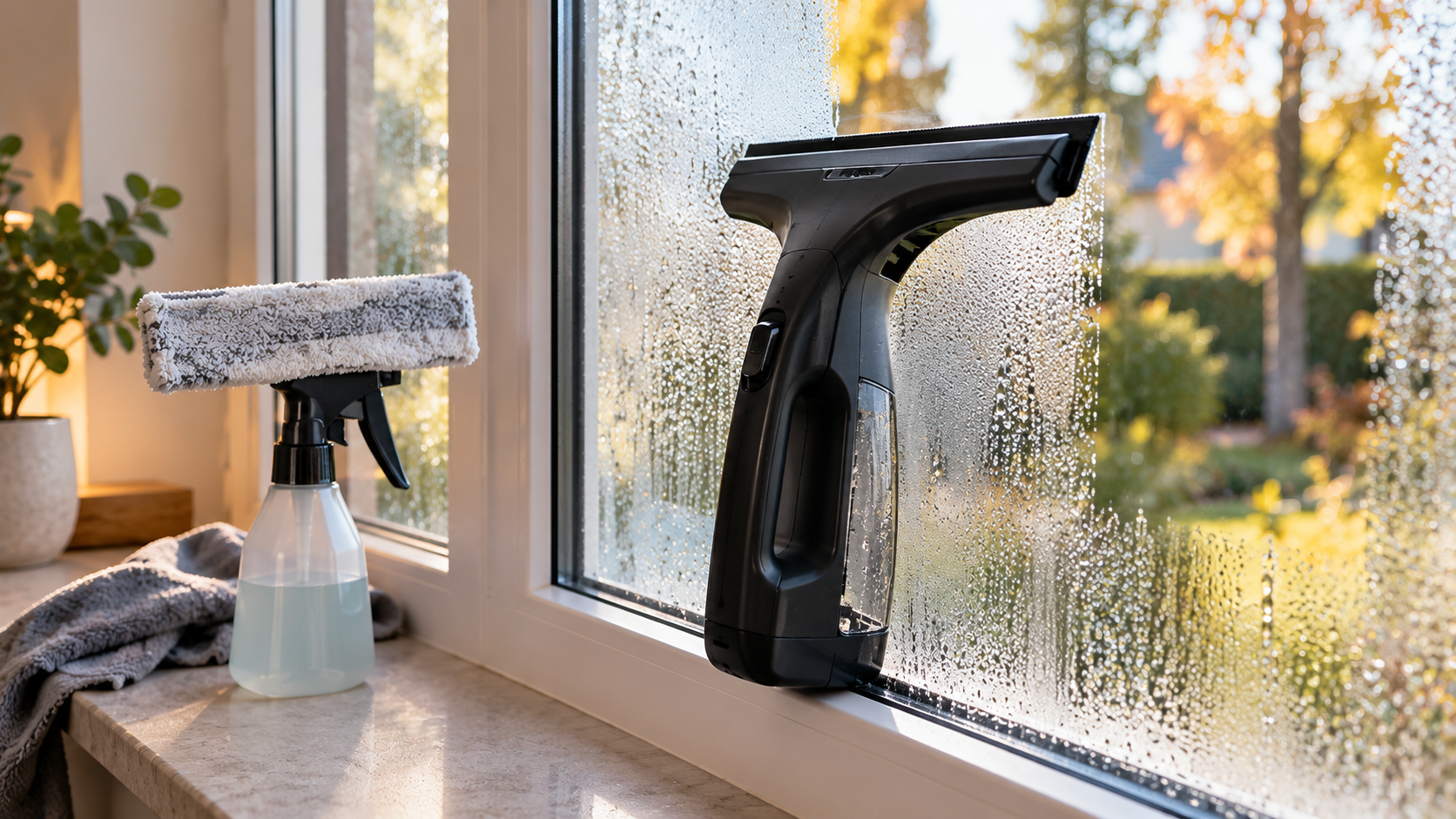 Akku-Fenstersauger an einer feuchten Fensterscheibe, daneben eine Sprühflasche mit Wischbezug (KI-generiert)