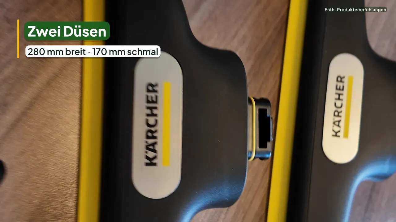 Fenstersauger richtig benutzen: Ablauf, Düse, Tank, Pflege und typische Fehler 4 Breite und schmale Absaugdüse eines Fenstersaugers nebeneinander, eingeblendet 280 und 170 Millimeter