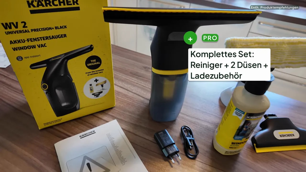 Fenstersauger richtig benutzen: Ablauf, Düse, Tank, Pflege und typische Fehler 5 Akku-Fenstersauger vor seinem Karton, daneben Netzteil, Ladekabel, Fensterreiniger-Konzentrat, Sprühflasche mit Wischbezug und schmale Düse