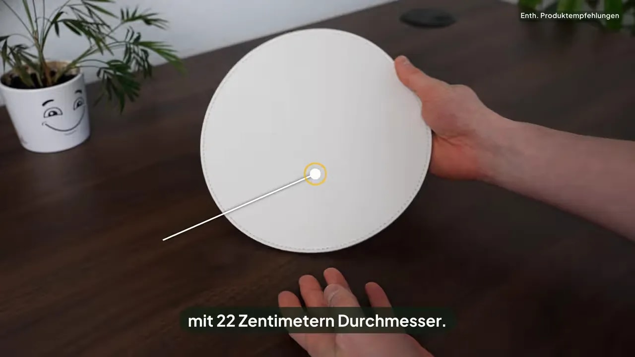 Weißes rundes Mauspad mit eingeblendeter Durchmesserangabe von 22 cm