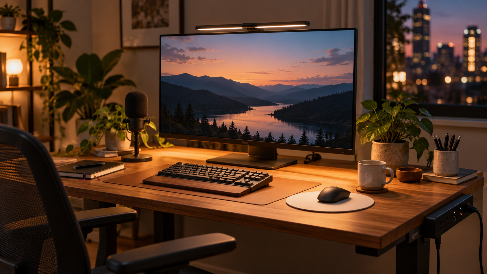 Mein Schreibtisch-Setup im Homeoffice: Monitor, Licht, Strom und Ton 1 Aufgeräumter Schreibtisch im Homeoffice mit Monitor, Monitorlampe, Mikrofon und Tischsteckdose (KI-generiert)